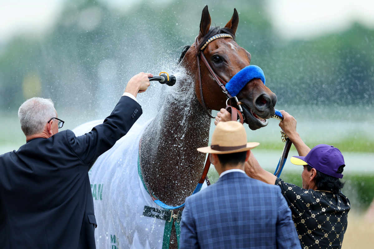 Flightline (1) is sprayed with water after winning the Hill 'n' Dale Metropolitan, the ninth race at Belmont Park Racetrack.