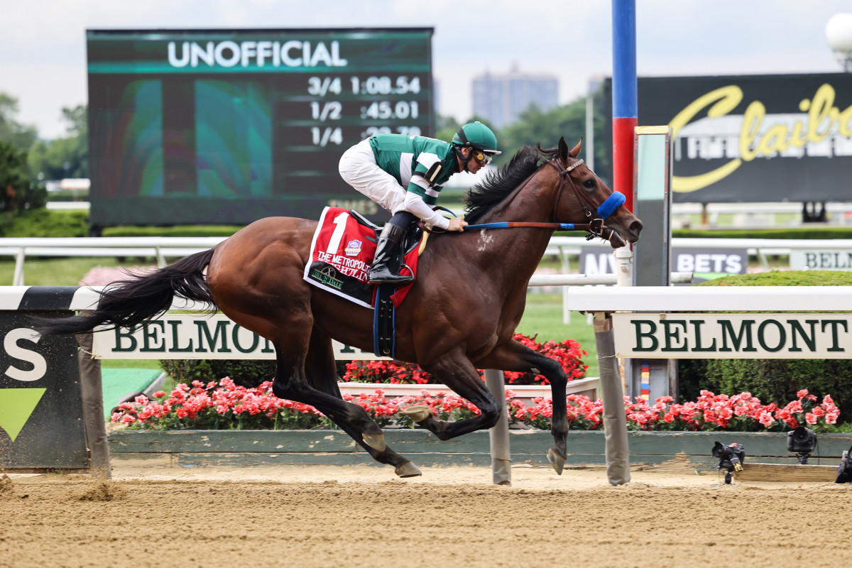 The Hill N Dale Metropolitan horse Flightline wins the race led by jockey Flavien Prat at Belmont Park Racetrack.