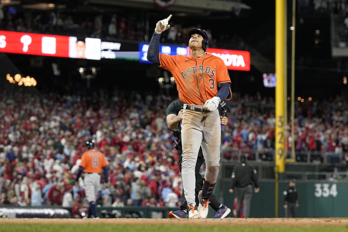 Astros shortstop Jeremy Peña celebrates his go-ahead home run in Game 5 of the World Series.