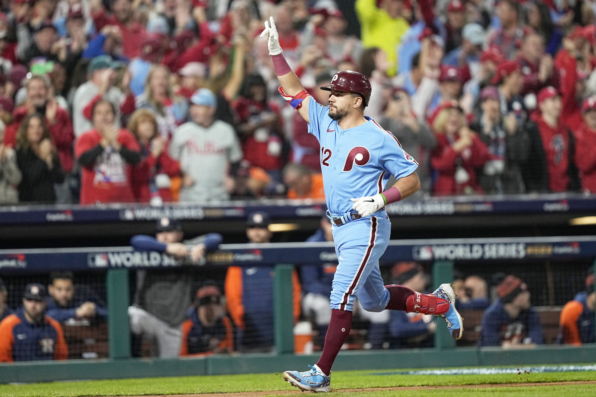 Phillies left fielder Kyle Schwarber celebrates after hitting a leadoff home run in World Series Game 5.