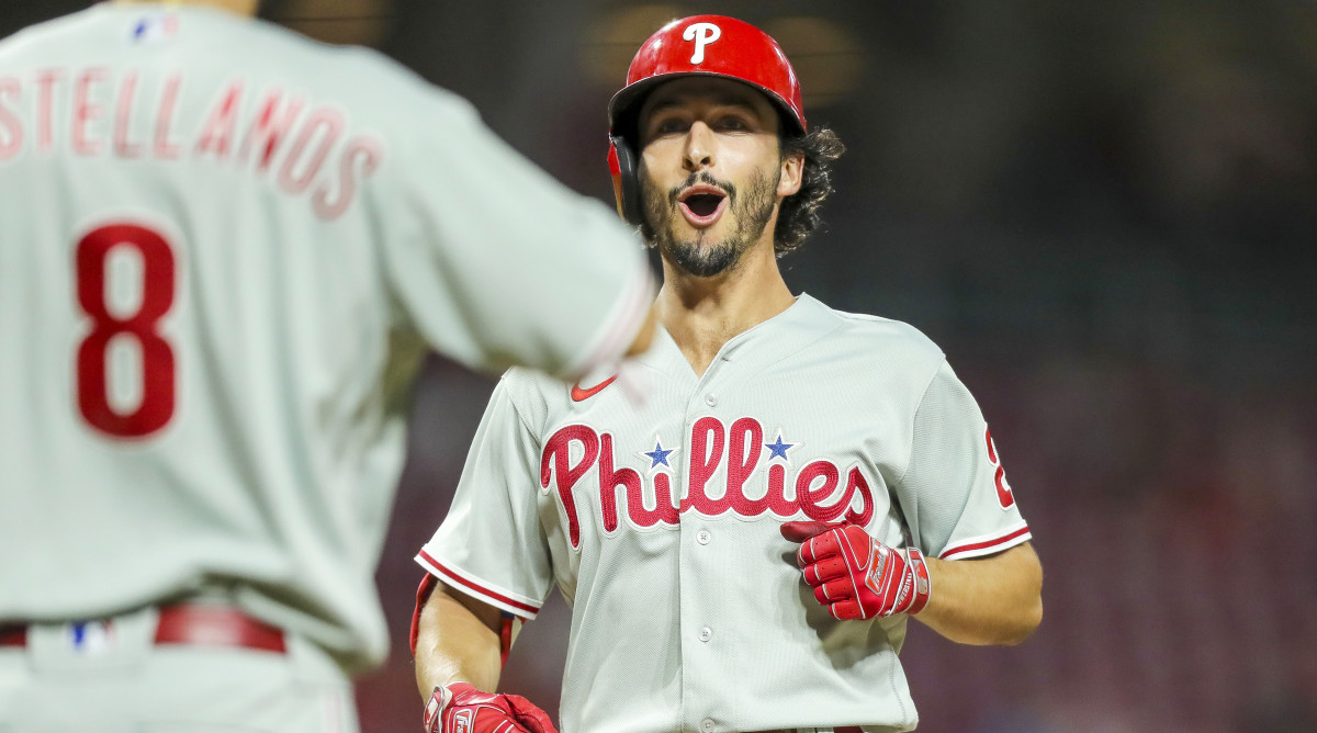 Phillies backup catcher Garrett Stubbs reacts after hitting a three-run home run.