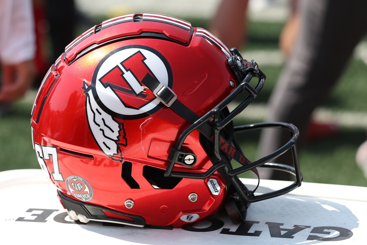 A general view of the football helmet worn by the Utah Utes against the Southern Utah Thunderbirds at Rice-Eccles Stadium.