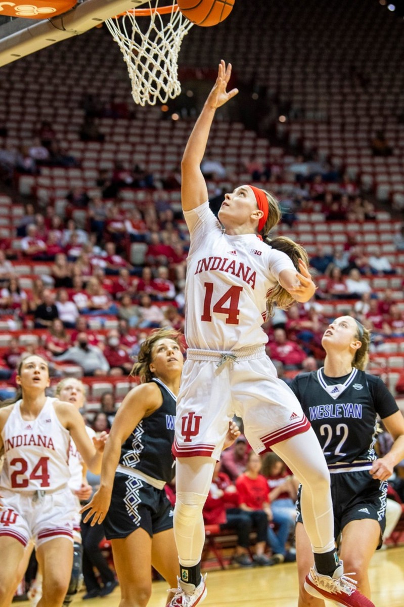 Indiana's Sara Scalia (14) scores during the Indiana versus Kentucky Wesleyan women's basketball game at Simon Skjodt Assembly Hall on Friday, Nov. 4, 2022.