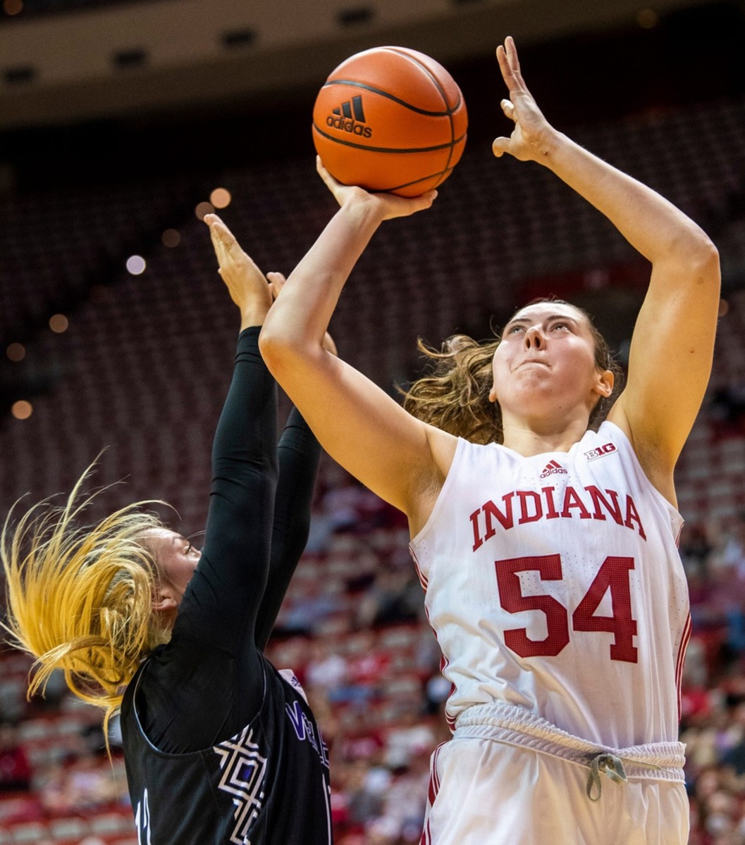 Indiana's Mackenzie Holmes (54) scores during the Indiana versus Kentucky Wesleyan women's basketball game at Simon Skjodt Assembly Hall on Friday, Nov. 4, 2022.