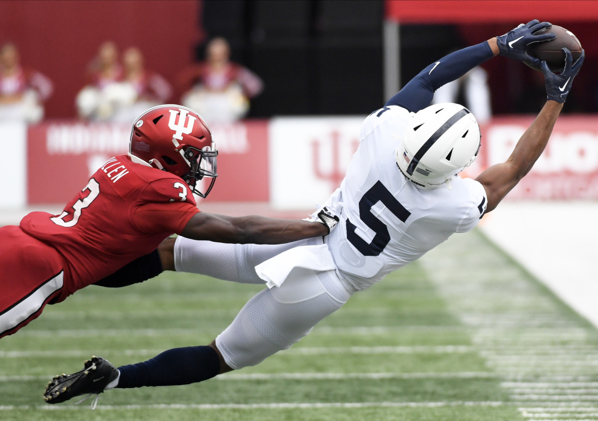 Penn State receiver Mitchell Tinsley makes a catch against Indiana during the 2022 Big Ten season.