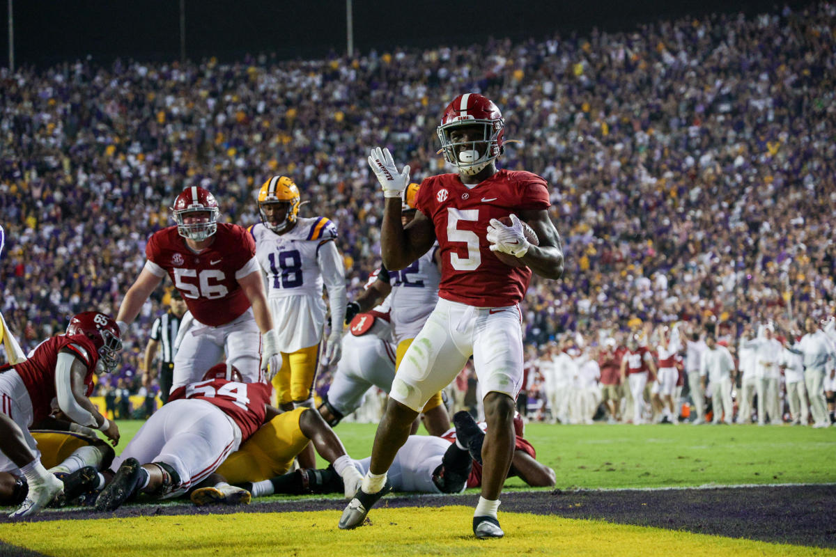 Alabama Crimson Tide running back Roydell Williams (5) reacts to scoring a touchdown against the LSU Tigers during the second half at Tiger Stadium.