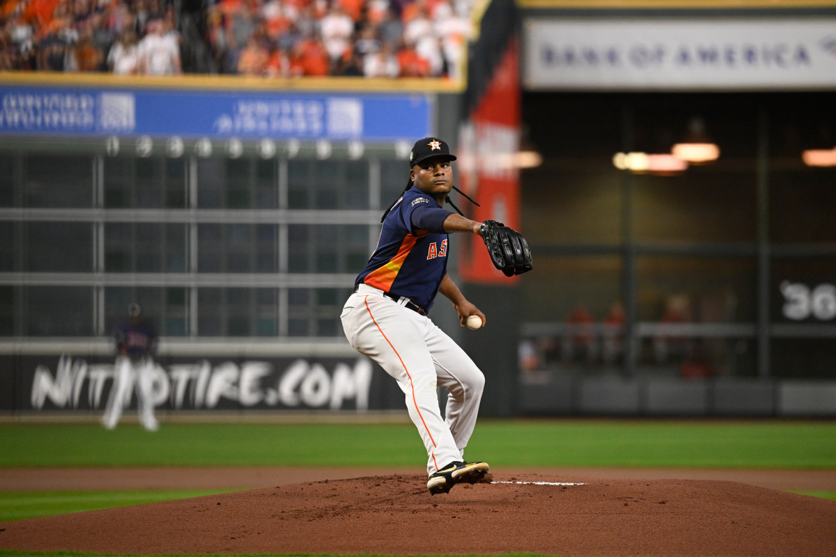 Astros lefthander Framber Valdez pitches against the Phillies in Game 6 of the 2022 World Series.