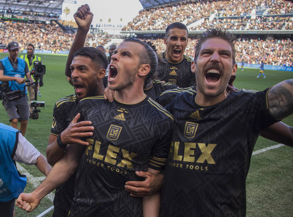 Gareth Bale pictured (center) after scoring for LAFC in the 2022 MLS Cup final