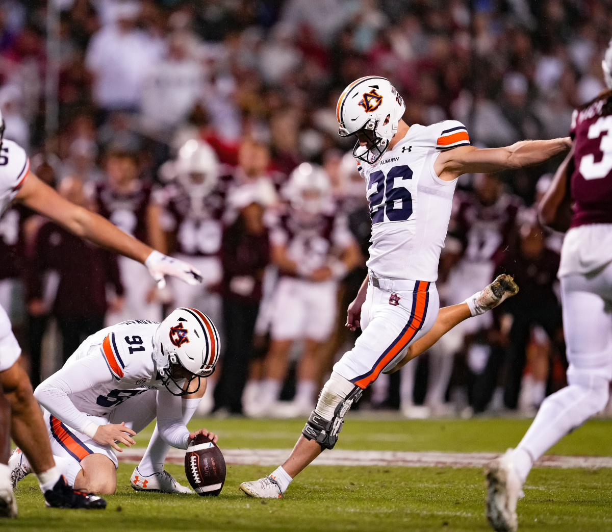 Nov 5, 2022; Starkville, MS, USA; Anders Carlson (26) kicks the field goal during the game between Auburn and Mississippi State at Davis Wade Stadium . Zach Bland/ AU Athletics