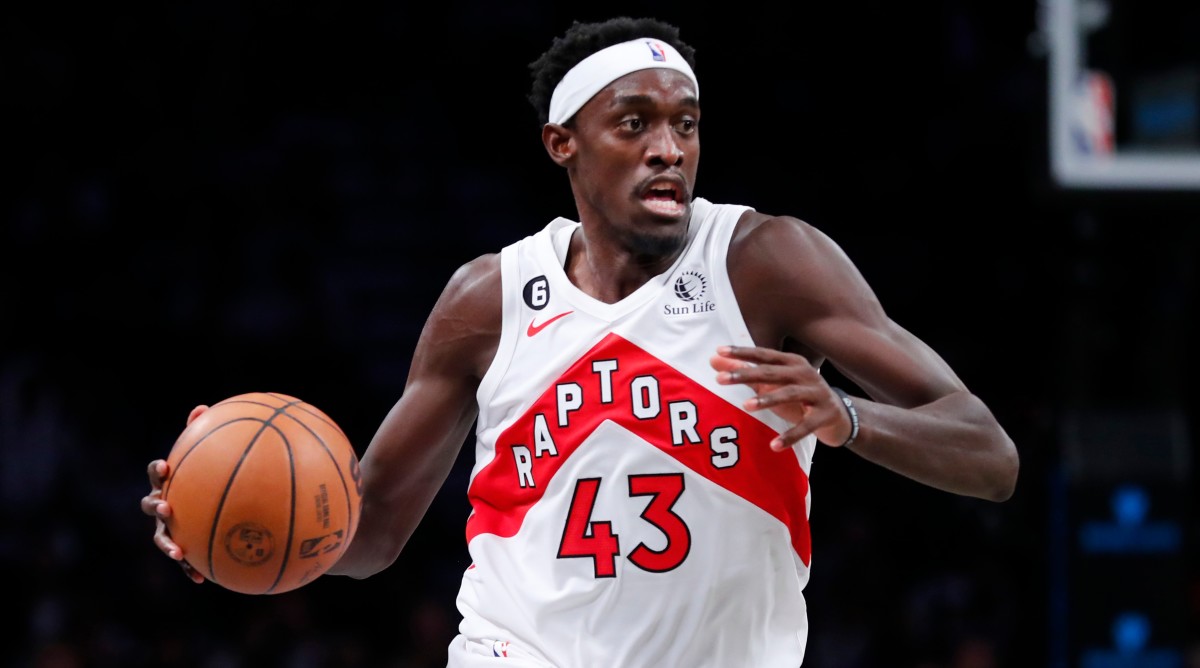 Raptors forward Pascal Siakam drives to the basket during a game against the Nets.