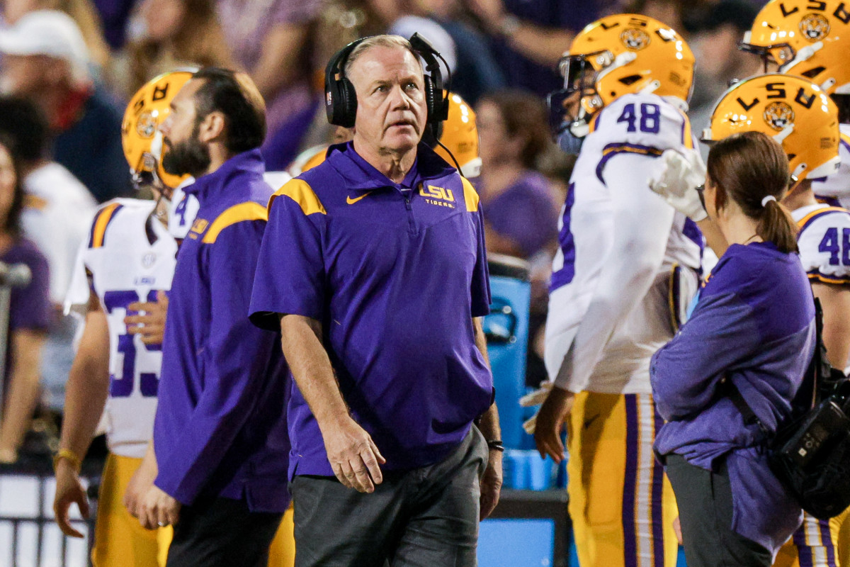 LSU Tigers head coach Brian Kelly looks on against the Alabama Crimson Tide during the second half at Tiger Stadium.