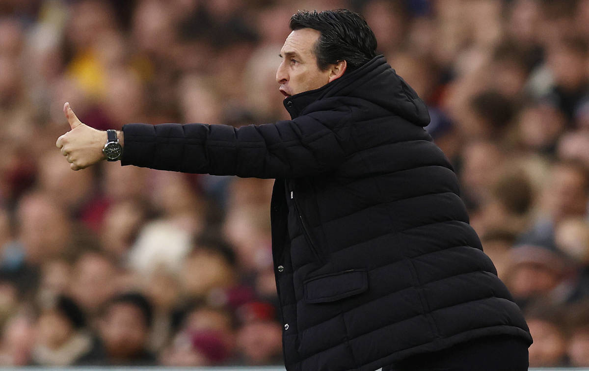 Unai Emery pictured with his left thumb raised during his first game as Aston Villa manager - a 3-1 win over Manchester United in November 2022