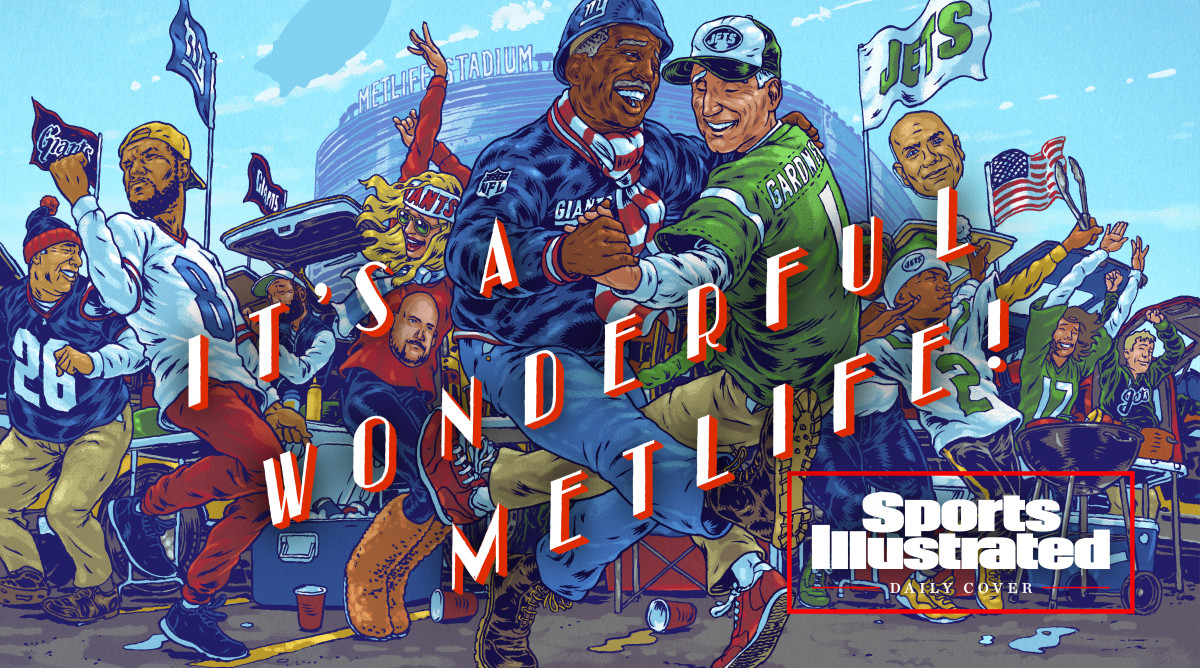 Illustration of Giants and Jets fans celebrating