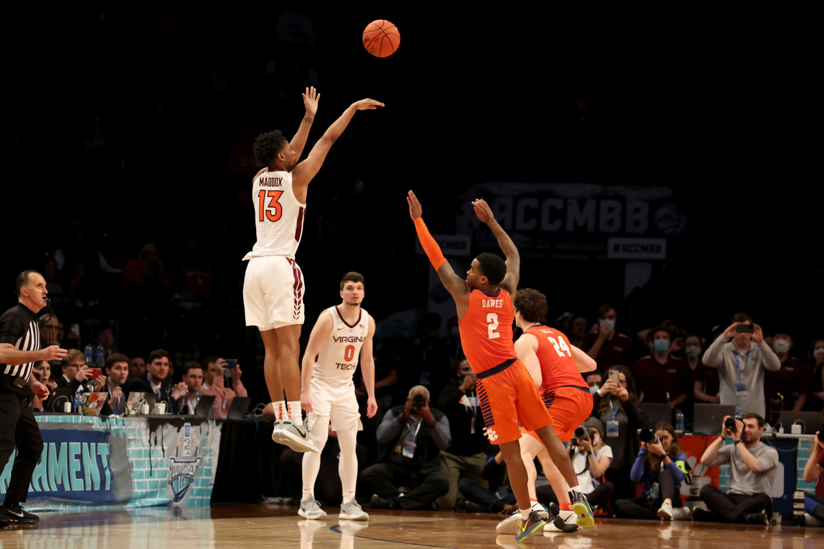 #13 Darius Maddox elevates and knocks down the game-winning shot against Clemson in the second round of the 2022 ACC Tournament