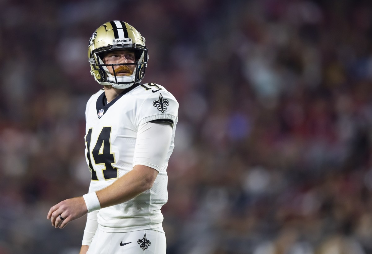 Oct 20, 2022; Glendale, Arizona, USA; New Orleans Saints quarterback Andy Dalton (14) against the Arizona Cardinals at State Farm Stadium. Mandatory Credit: Mark J. Rebilas-USA TODAY Sports