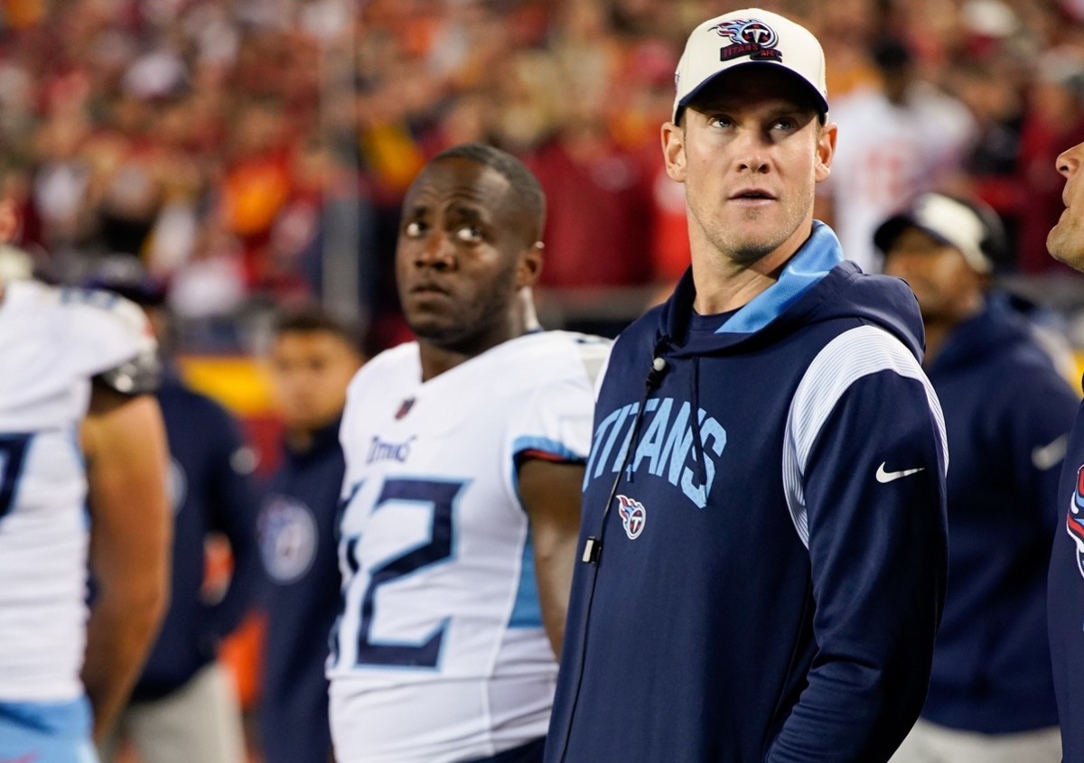 Tennessee Titans quarterback Ryan Tannehill (17) stands on the sidelines during their game against the Kansas City Chiefs at GEHA Field at Arrowhead Stadium.