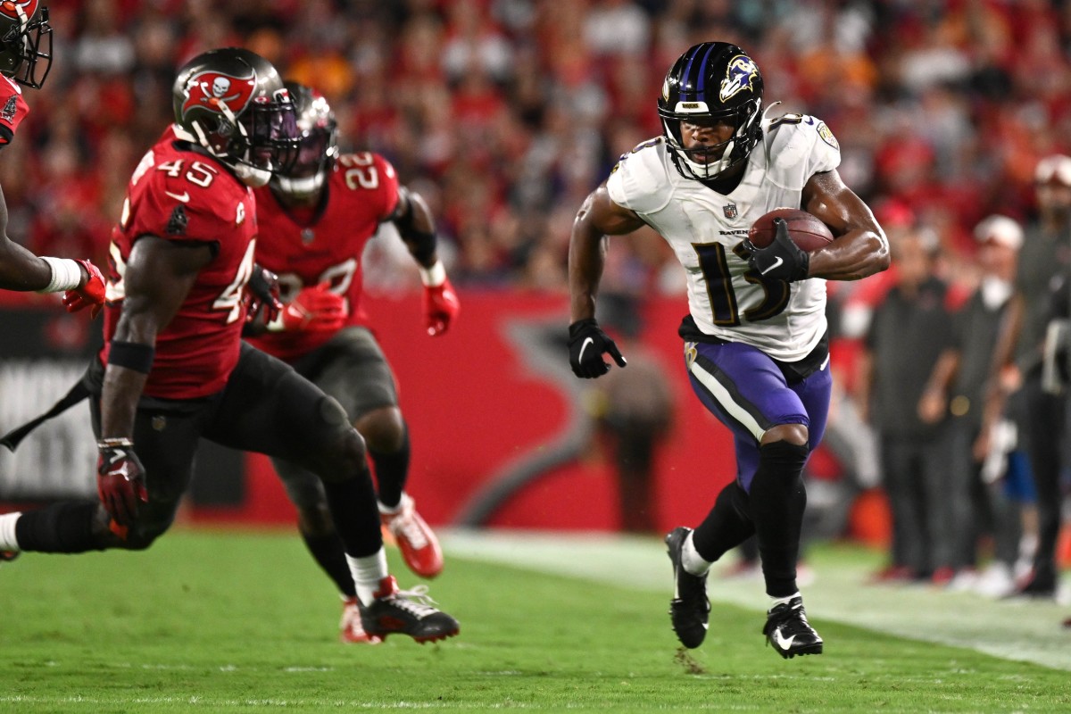 Baltimore Ravens wide receiver Devin Duvernay (13) after a catch against the Tampa Bay Buccaneers. Mandatory Credit: Jonathan Dyer-USA TODAY Sports