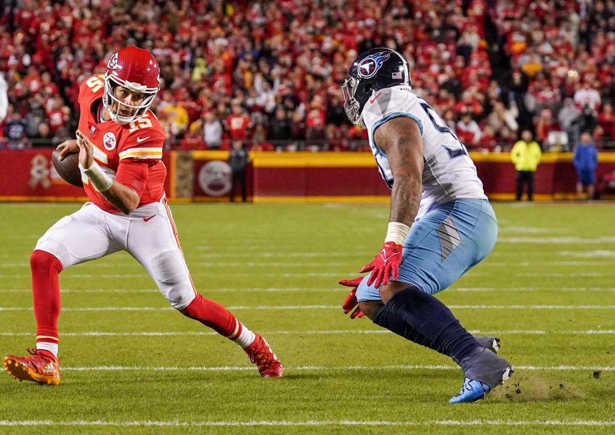 Patrick Mahomes led the Chiefs in rushing against the Titans with six carries for 63 yards and a touchdown.