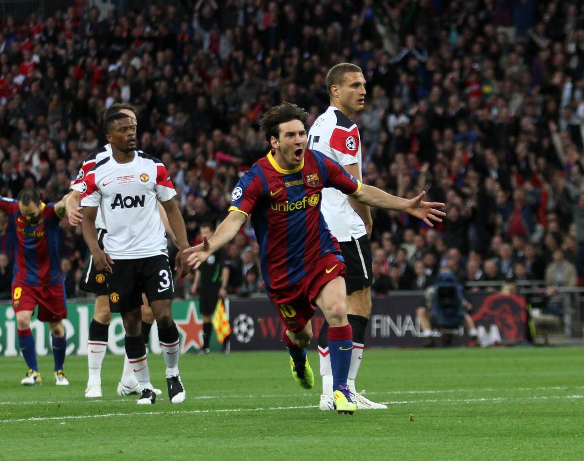 Lionel Messi pictured celebrating after scoring for Barcelona against Manchester United in the 2011 UEFA Champions League final