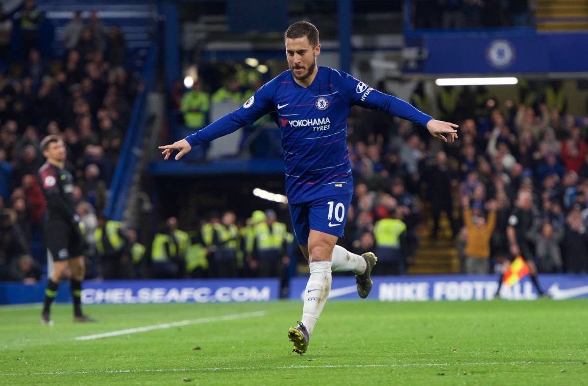 Eden Hazard pictured celebrating a goal for Chelsea against Brighton in April 2019