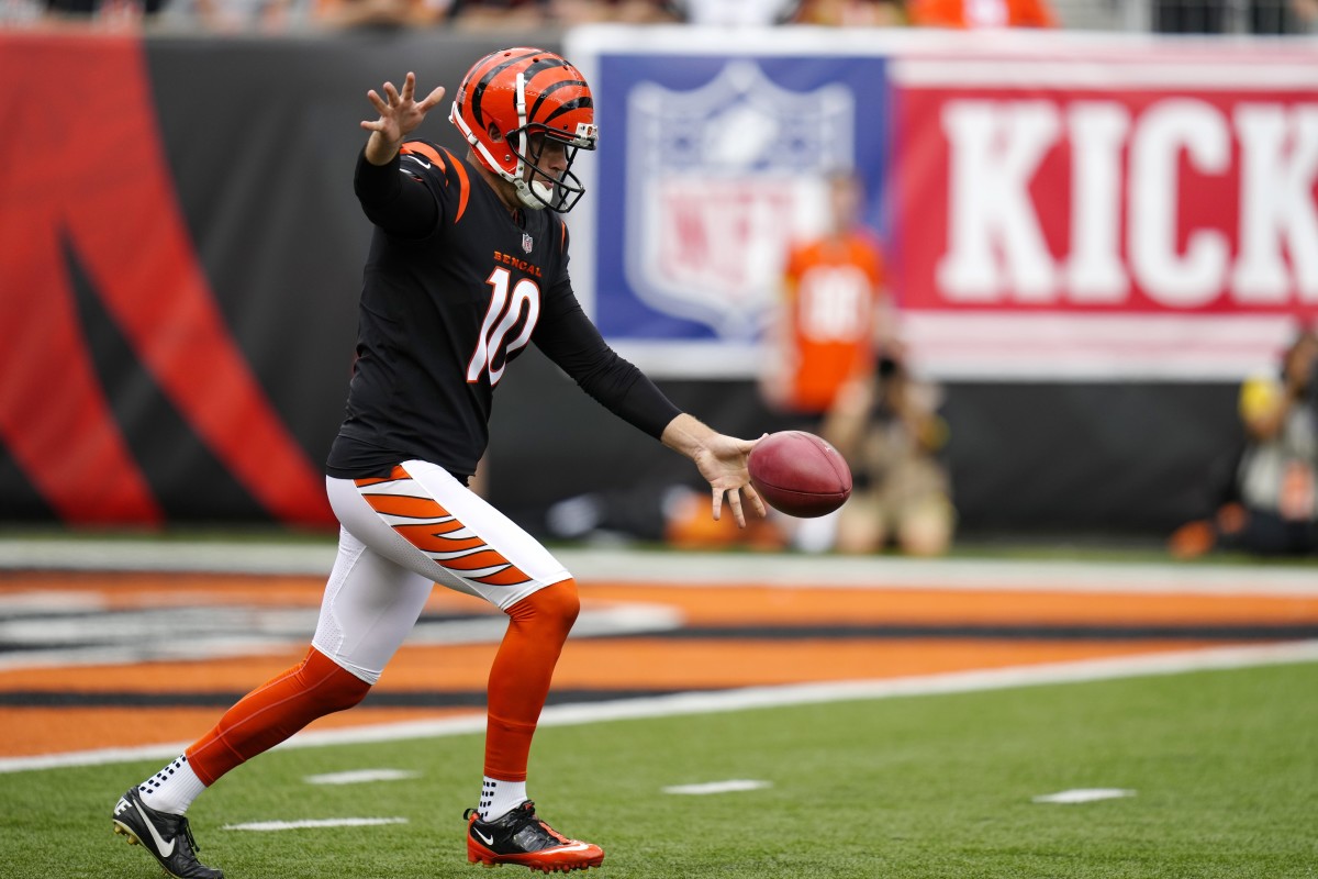 Sep 11, 2022; Cincinnati, Ohio, USA; Cincinnati Bengals punter Kevin Huber (10) punts during the fourth quarter of a Week 1 NFL football game against the Pittsburgh Steelers at Paycor Stadium. Mandatory Credit: Sam Greene-USA TODAY Sports