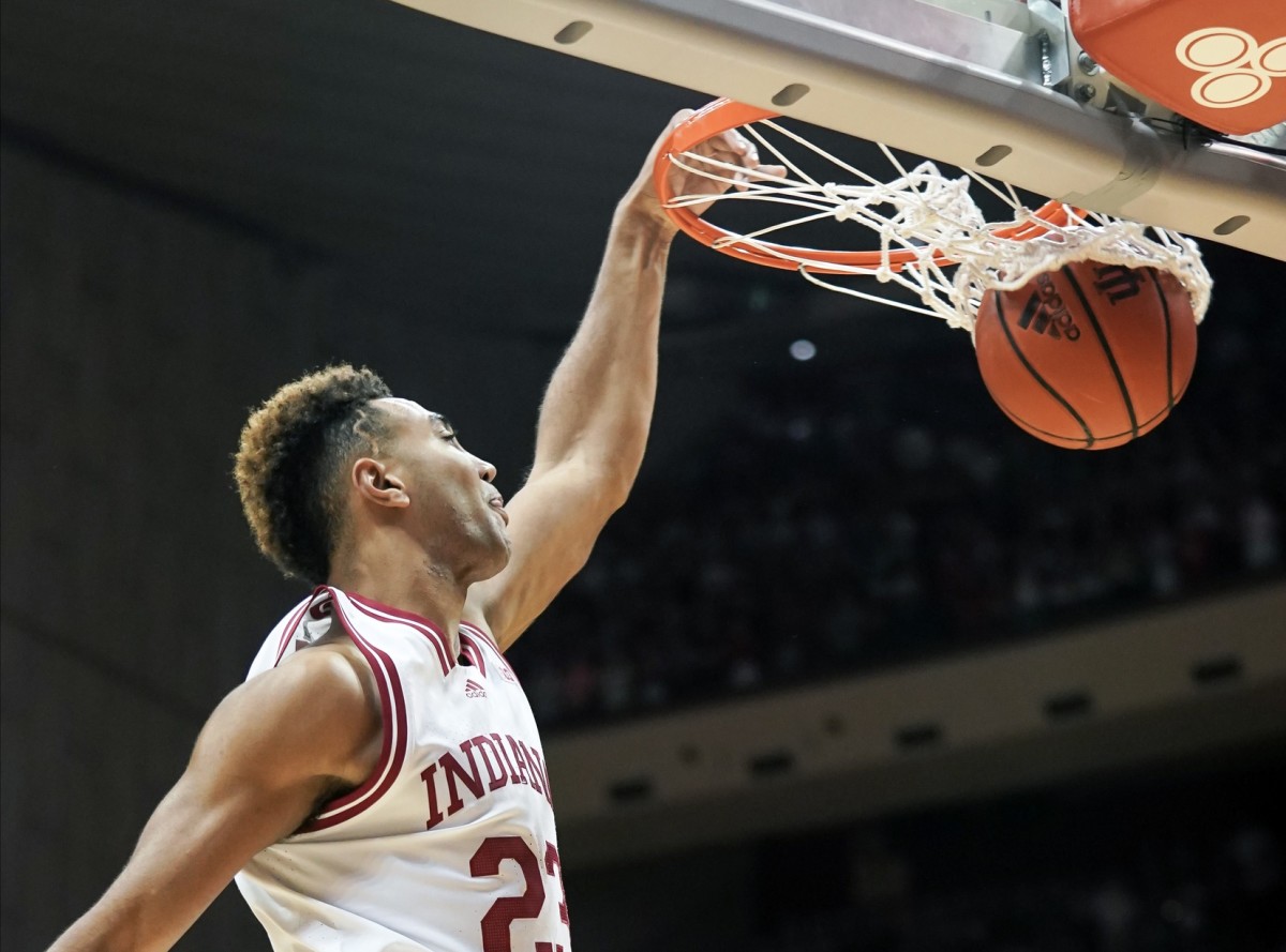 Nov 7, 2022; Bloomington, Indiana, USA; Indiana Hoosiers forward Trayce Jackson-Davis (23) dunks the ball during the first half at Simon Skjodt Assembly Hall.