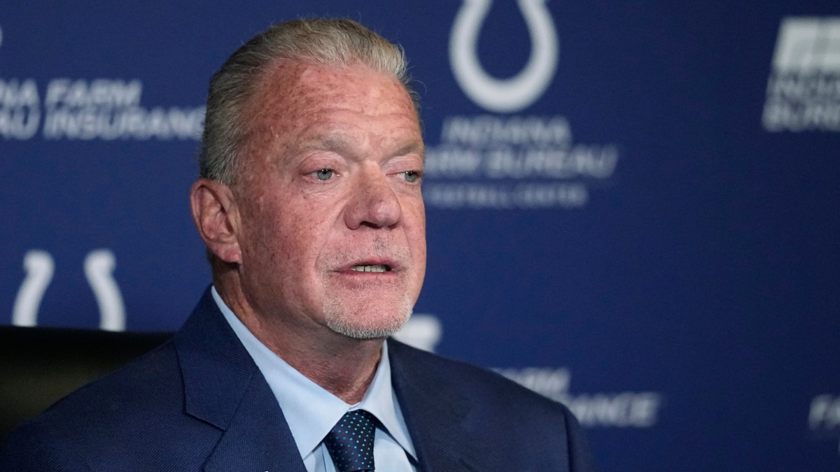 Colts general manager Jim Irsay speaks to the media after naming Jeff Saturday the team’s interim head coach.