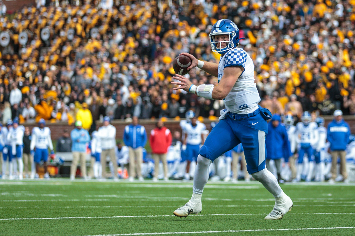 Nov 5, 2022; Columbia, Missouri, USA; Kentucky Wildcats quarterback Will Levis (7) looks to pass into the end zone during the fourth quarter against the Missouri Tigers at Faurot Field at Memorial Stadium.