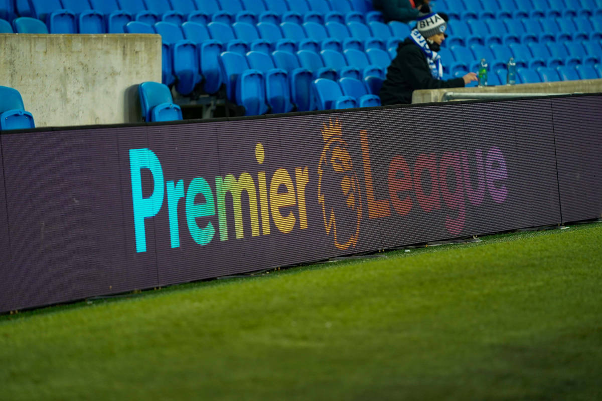 The Premier League logo pictured on display ahead of a game between Brighton and Leeds in 2021