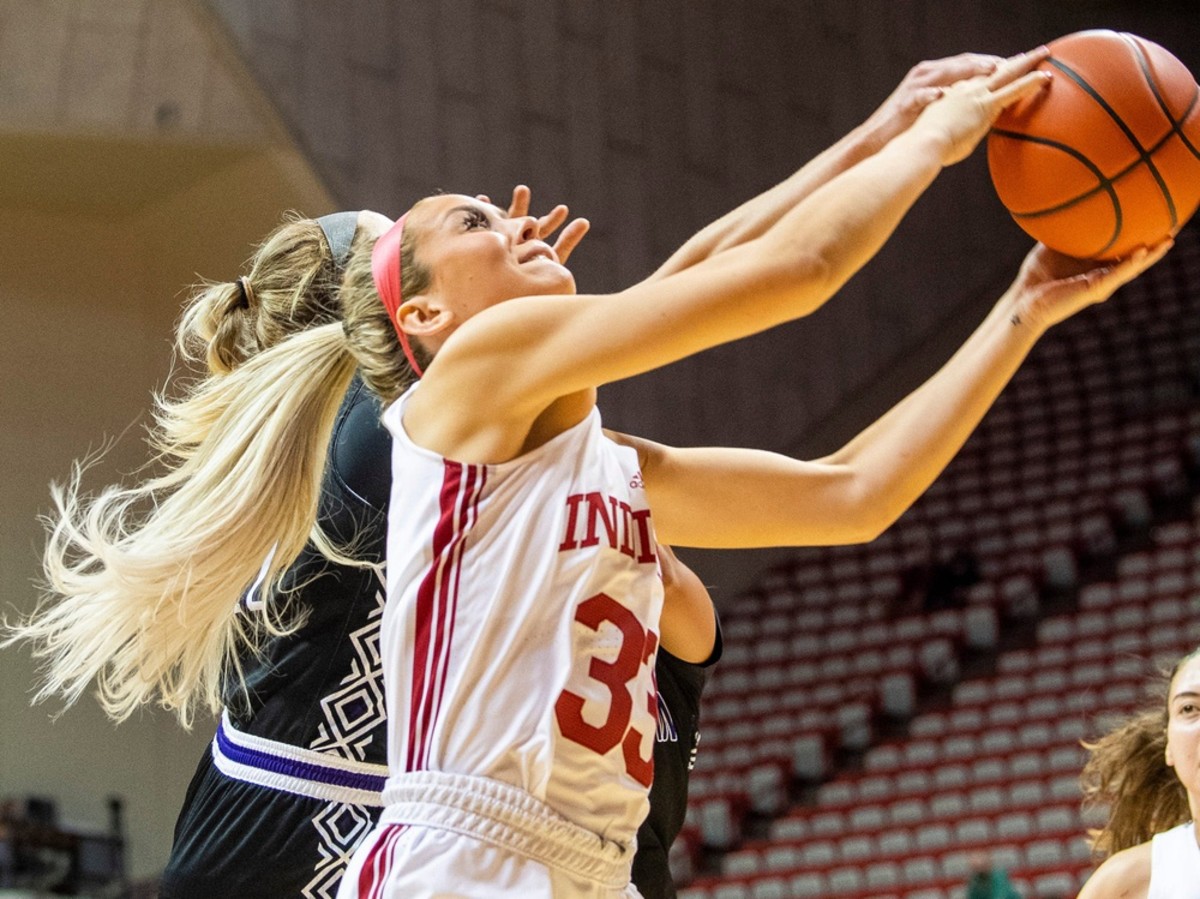Indiana's Sydney Parrish (33) shoots during the Indiana versus Kentucky Wesleyan women's basketball game at Simon Skjodt Assembly Hall on Friday, Nov. 4, 2022.