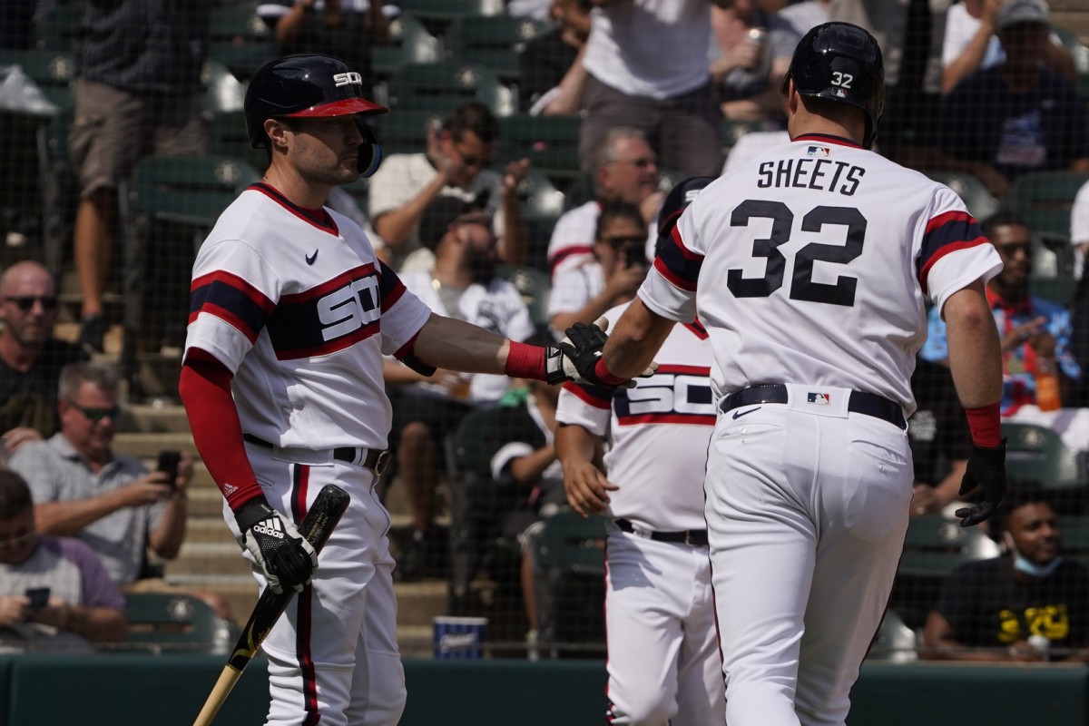 Aug 28, 2022; Chicago, Illinois, USA; Chicago White Sox right fielder Gavin Sheets (32) is greeted by left fielder AJ Pollock (18) after scoring against the Arizona Diamondbacks during the sixth inning at Guaranteed Rate Field. Mandatory Credit: David Banks-USA TODAY Sports