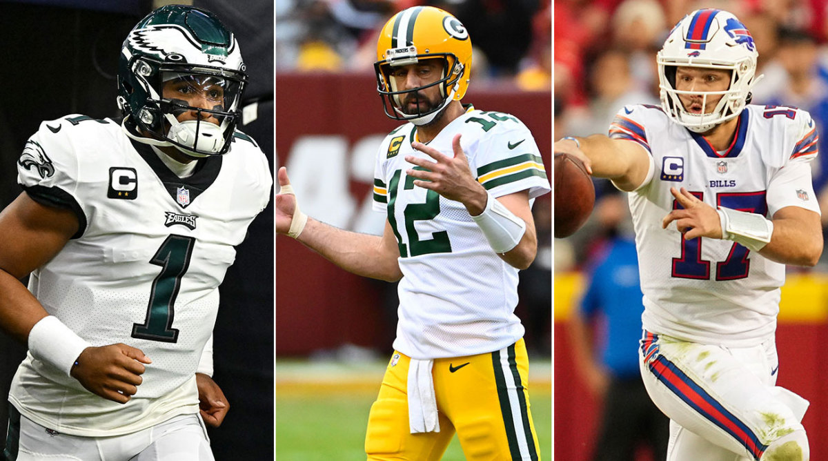 Separate photos of Jalen Hurts, Aaron Rodgers and Josh Allen.