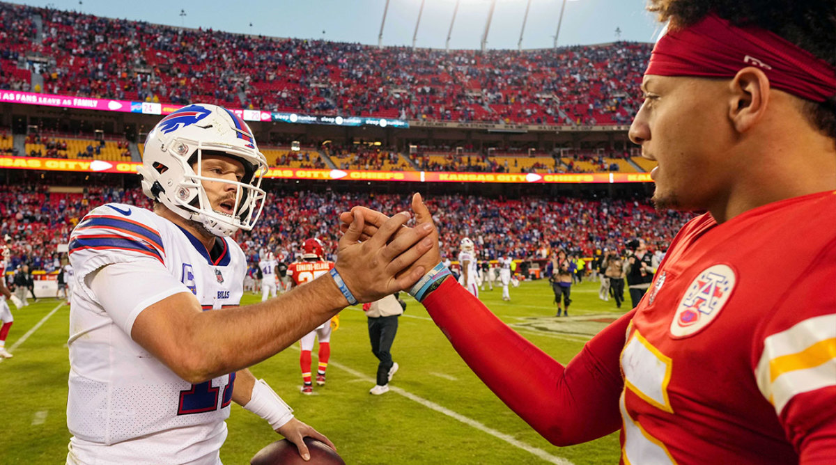 Josh Allen and Patrick Mahomes shake hands after a game in 2022.