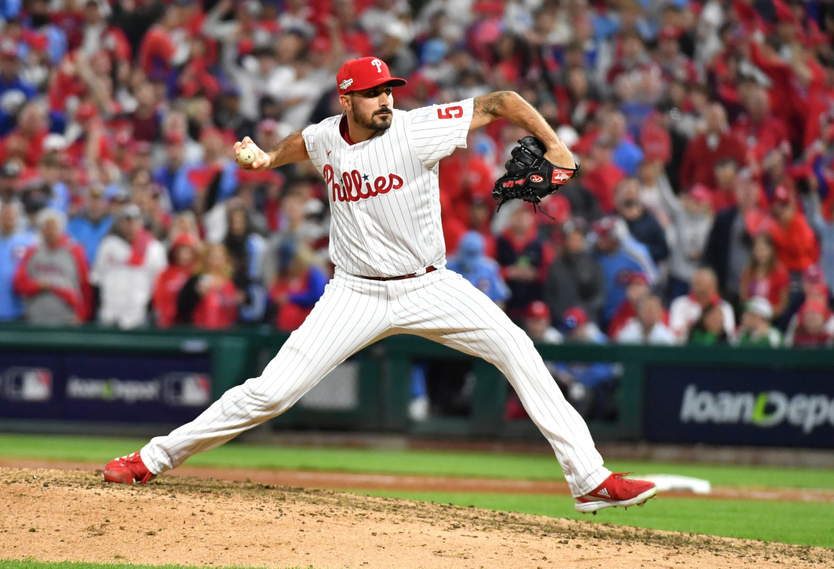 Phillies pitcher Zach Eflin throwing in the World Series