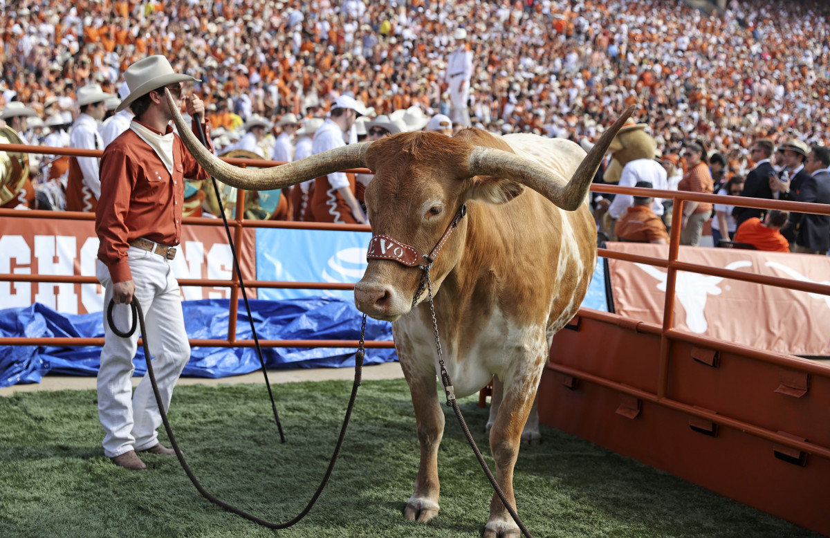 Oct 8, 2022; Dallas, Texas, USA; Texas Longhorns mascot BEVO during the game against the Oklahoma Sooners at the Cotton Bowl. Mandatory Credit: Kevin Jairaj-USA TODAY Sports