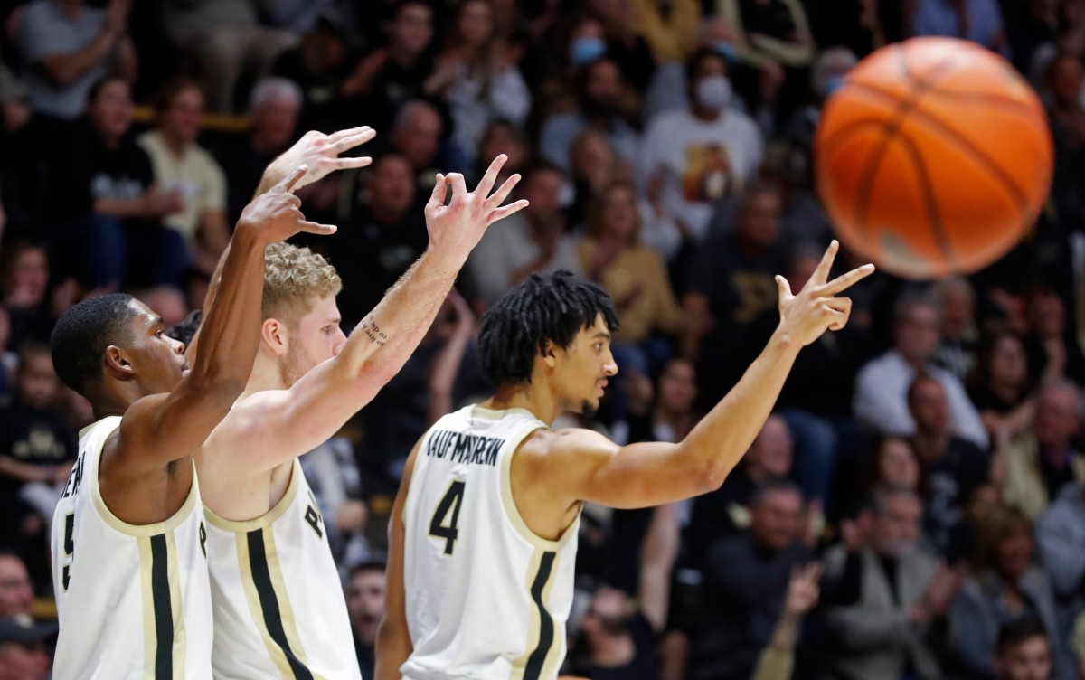 The Purdue Boilermakers bench celebrates after a basket during an NCAA men's basketball game against the Milwaukee Panthers, Tuesday, Nov. 8, 2022, at Mackey Arena in West Lafayette, Ind.