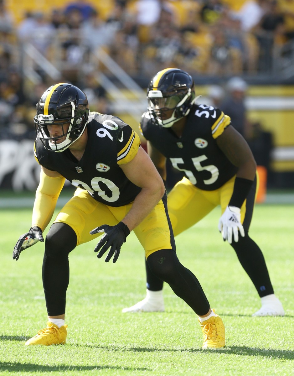 Aug 28, 2022; Pittsburgh Steelers linebackers T.J. Watt (90) and Devin Bush (55) at the line of scrimmage against the Detroit Lions. Mandatory Credit: Charles LeClaire-USA TODAY Sports