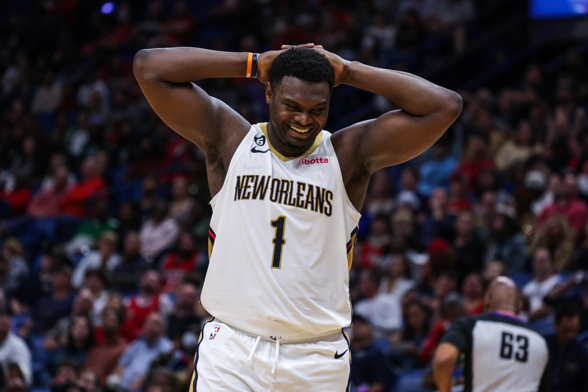 Nov 10, 2022; New Orleans, Louisiana, USA; New Orleans Pelicans forward Zion Williamson (1) reacts to a foul against the Portland Trail Blazers during the first half at Smoothie King Center. Mandatory Credit: Stephen Lew-USA TODAY Sports