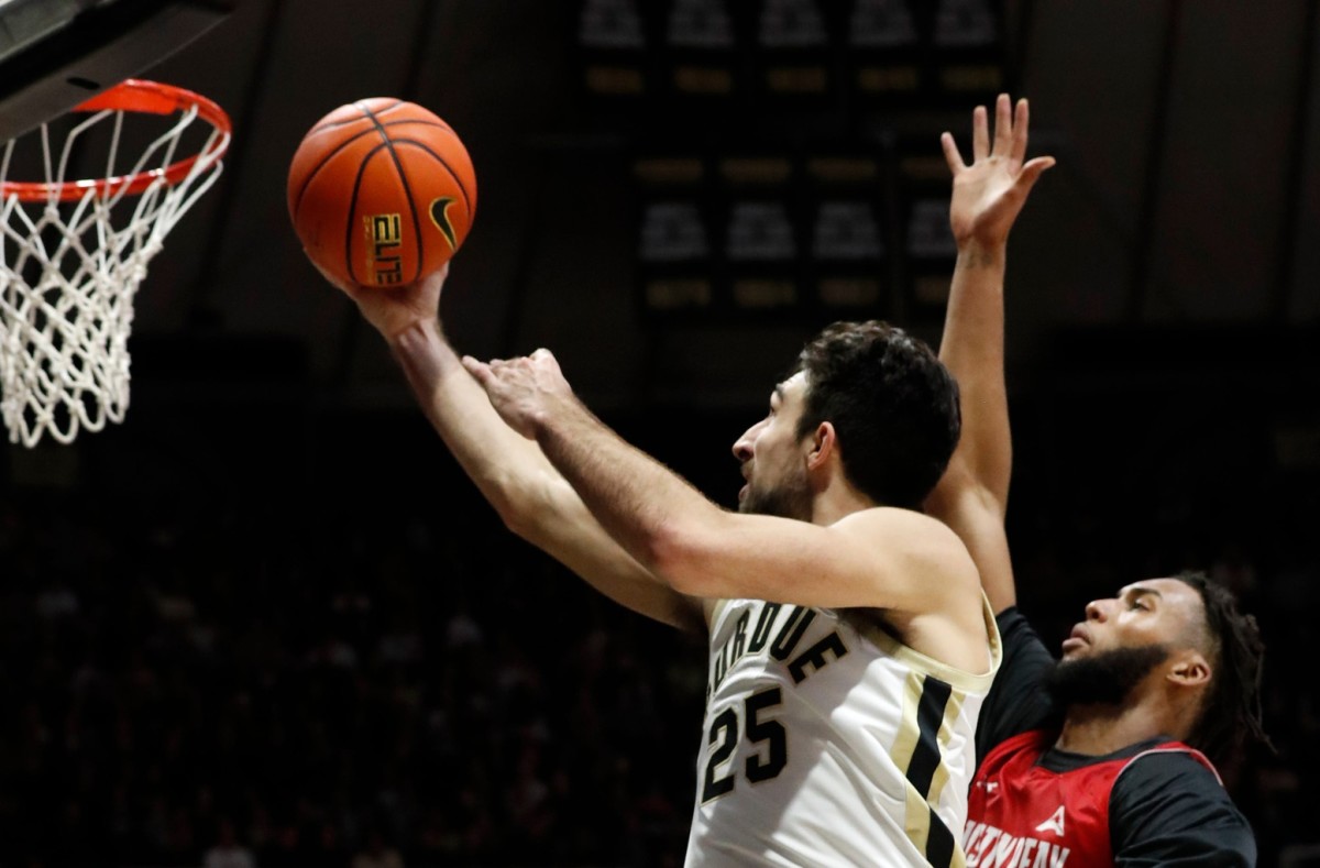 Purdue Boilermakers guard Ethan Morton (25) goes up for a shot during an NCAA men's basketball game against the Austin Peay Governors, Friday, Nov. 11, 2022, at Mackey Arena in West Lafayette, Ind.