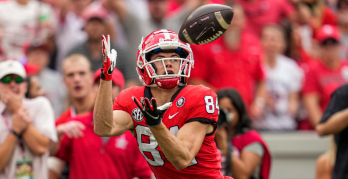 Georgia Bulldogs wide receiver Ladd McConkey catches a pass during a college football game in the SEC.