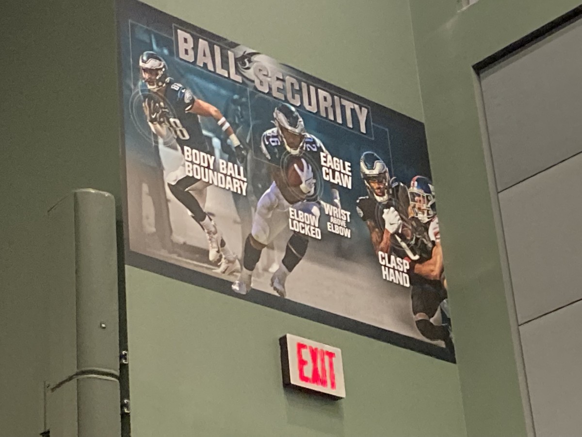 Ball security signs hang in the corners of the auditorium inside the Eagles' NovaCare Complex