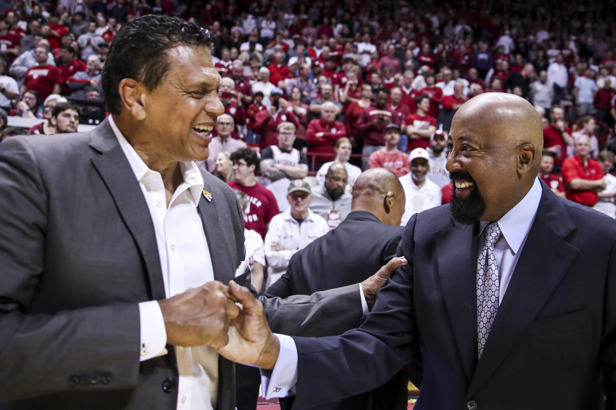 NBA teammates, close friends and coaches, Bethune Cookman coach Reggie Theus (left) and Indiana coach Mike Woodson (Right) shake hands at Simon Skjodt Assembly Hall on Thursday. 