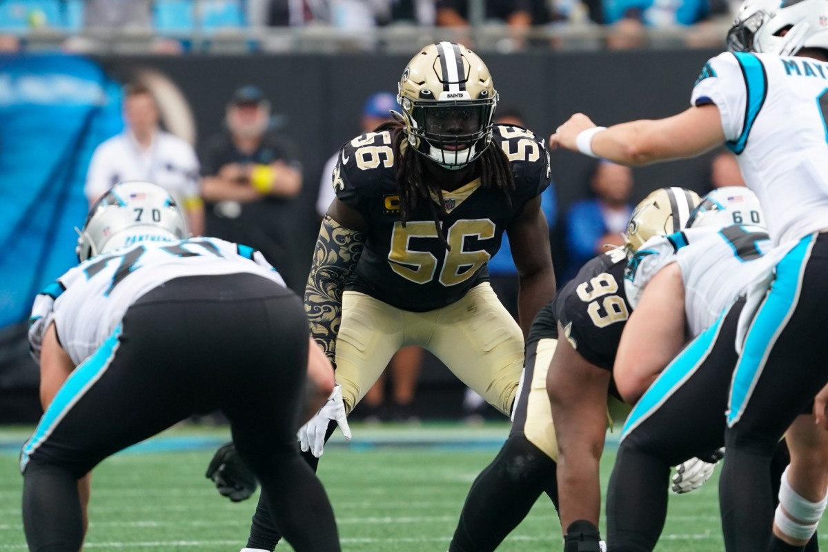 New Orleans Saints linebacker Demario Davis (56) gets ready for the play against the Carolina Panthers. Mandatory Credit: James Guillory-USA TODAY Sports