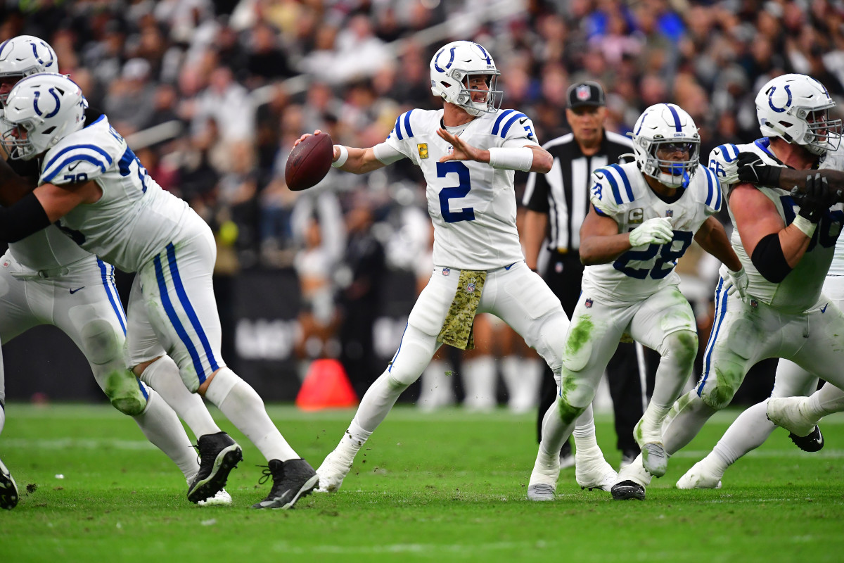 Nov 13, 2022; Paradise, Nevada, USA; Indianapolis Colts quarterback Matt Ryan (2) throws against the Las Vegas Raiders during the first half at Allegiant Stadium.
