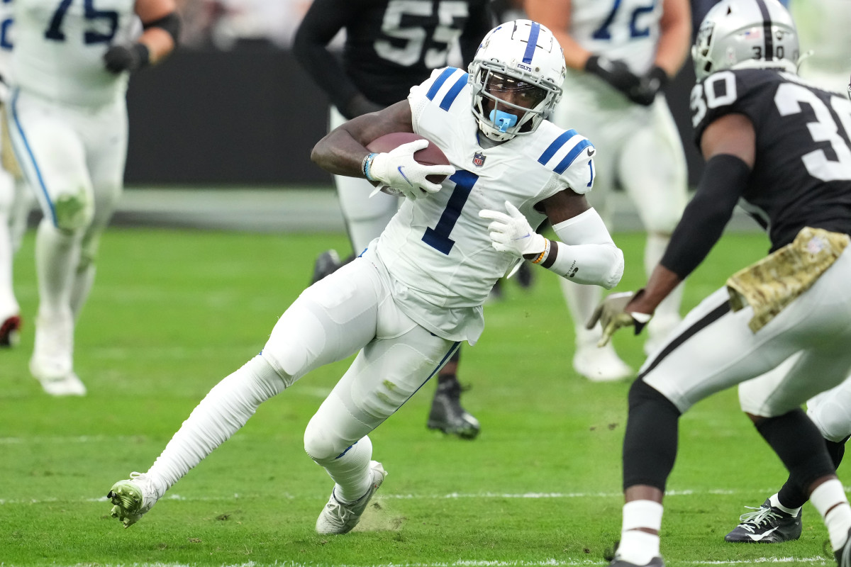 Nov 13, 2022; Paradise, Nevada, USA; Indianapolis Colts wide receiver Parris Campbell (1) gains yardage against the Las Vegas Raiders during the first half at Allegiant Stadium.