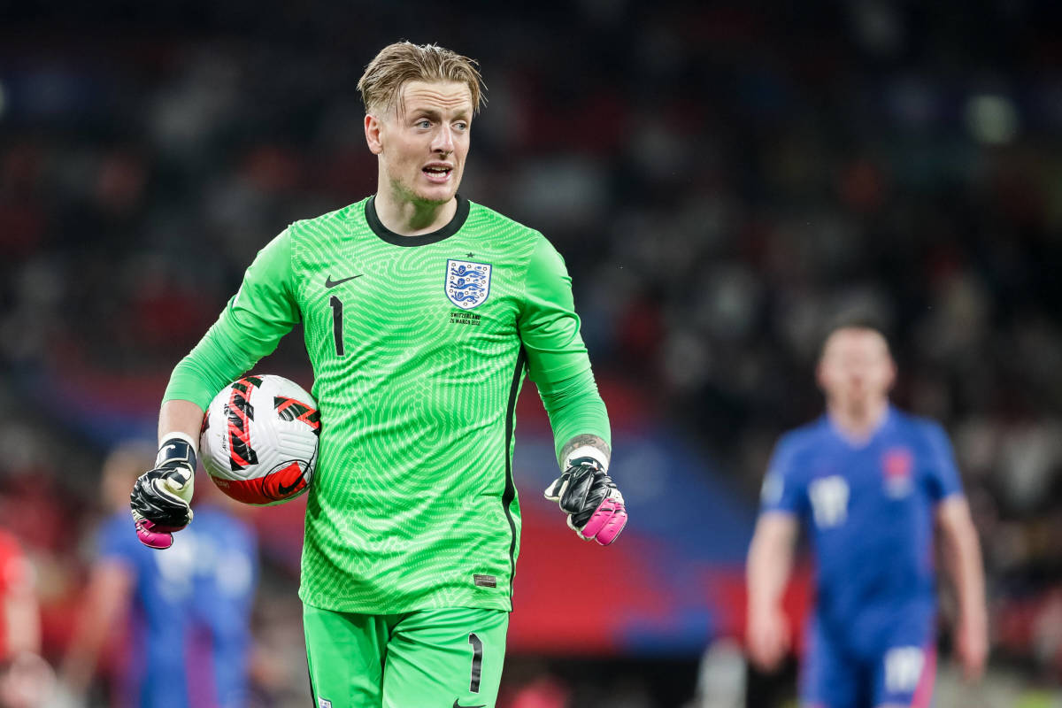 Jordan Pickford playing for England in an International friendly against Switzerland.