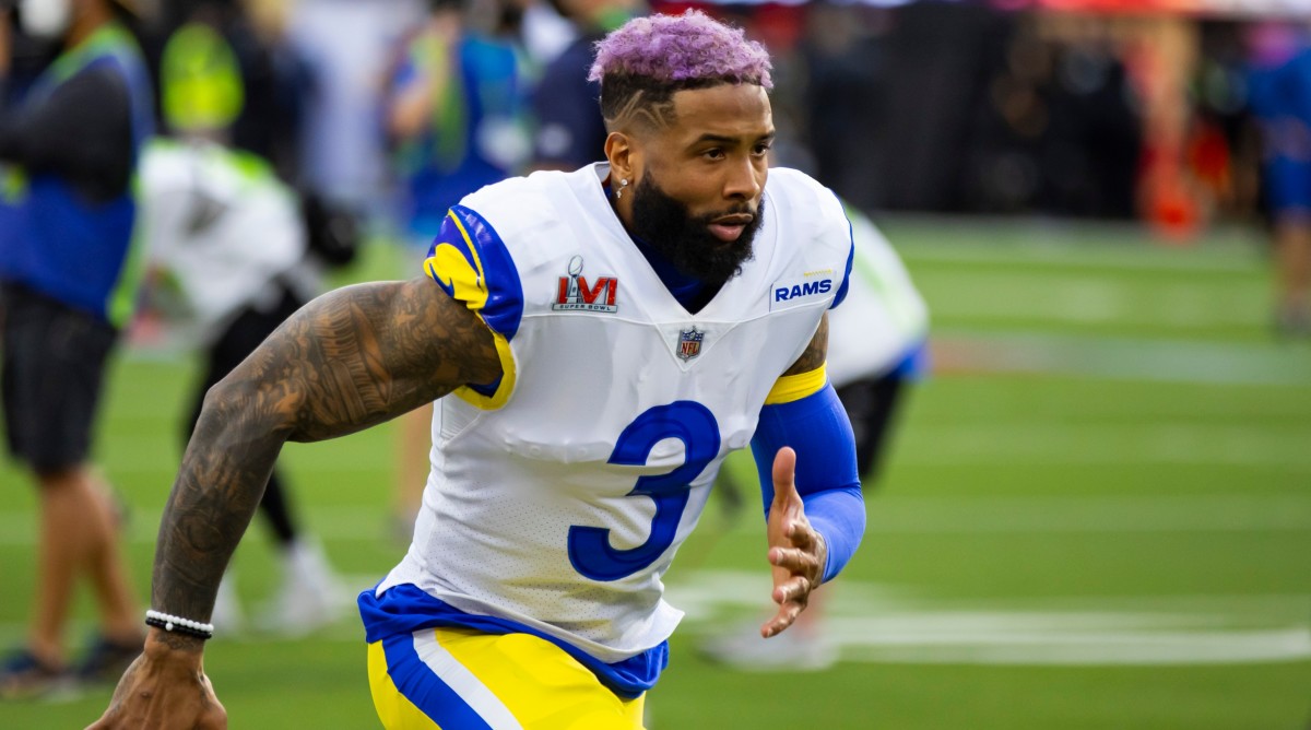 Rams wide receiver Odell Beckham Jr. warms up prior to Super Bowl LVI.
