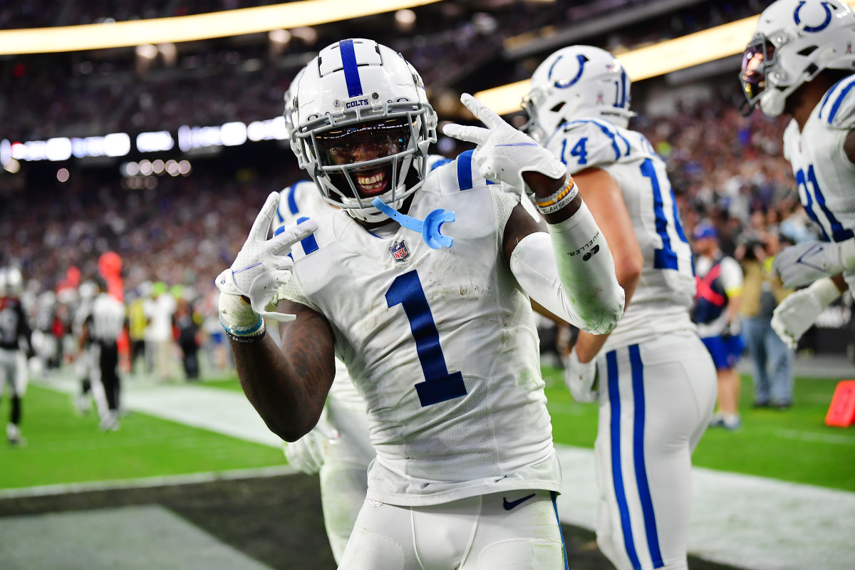 Nov 13, 2022; Paradise, Nevada, USA; Indianapolis Colts wide receiver Parris Campbell (1) celebrates his touchdown scored against the Las Vegas Raiders during the second half at Allegiant Stadium.
