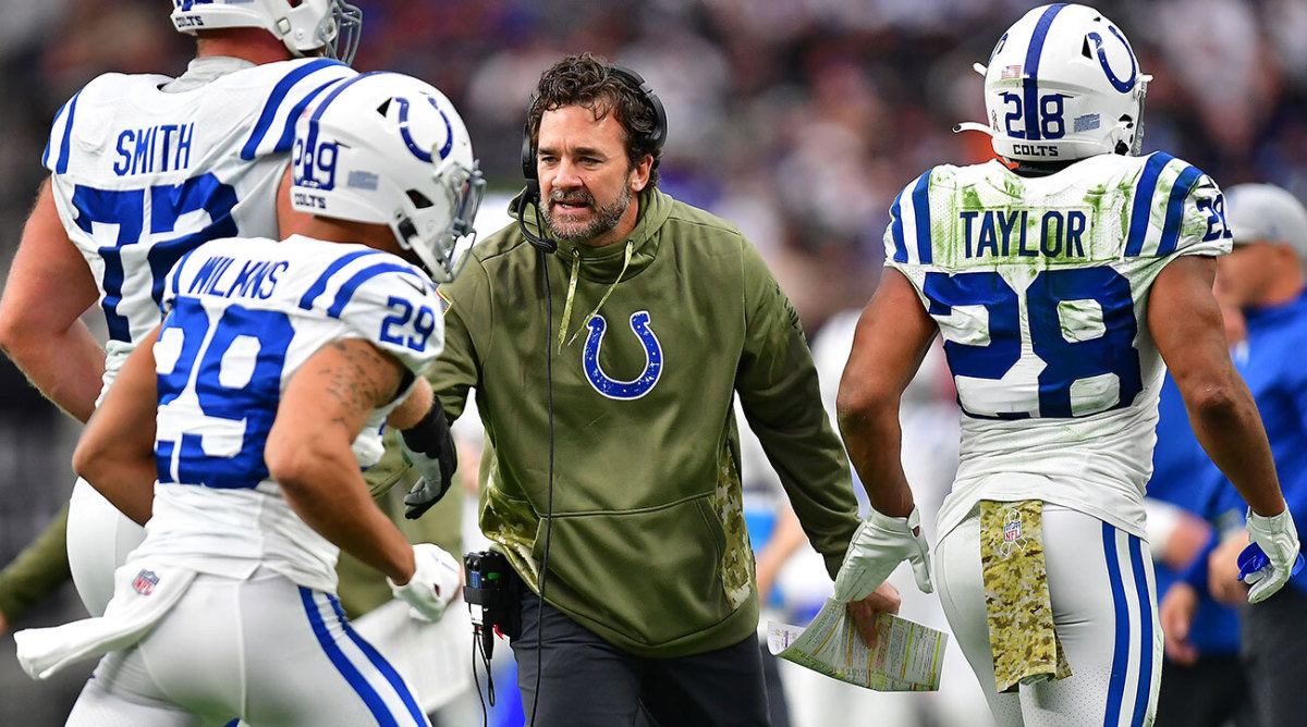 Jeff Saturday celebrates with his team during his coaching debut with the Colts in Week 10.