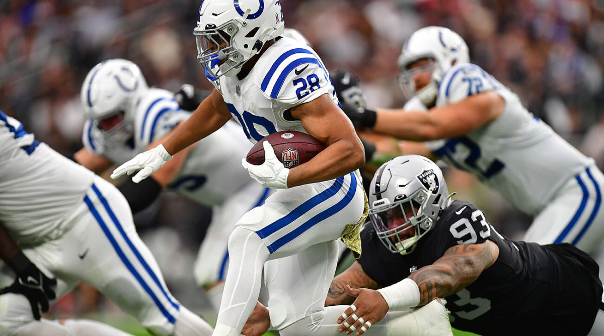 Colts running back Jonathan Taylor ripped of a 66-yard run for a touchdown in Week 10 against the Raiders.